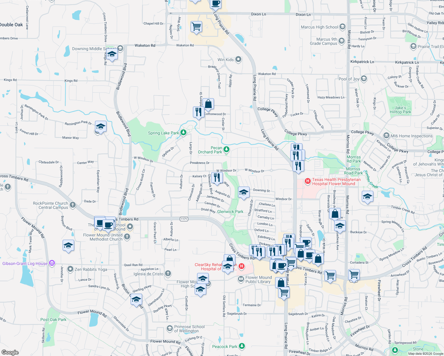 map of restaurants, bars, coffee shops, grocery stores, and more near 3305 Kelsey Ct in Flower Mound