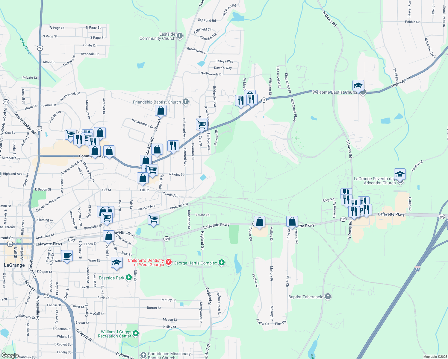 map of restaurants, bars, coffee shops, grocery stores, and more near 13 Fulton Street in LaGrange
