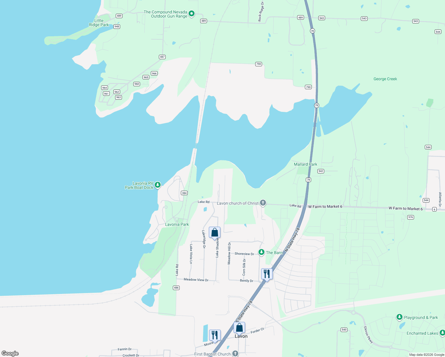 map of restaurants, bars, coffee shops, grocery stores, and more near 1018 Hilltop Drive in Lavon