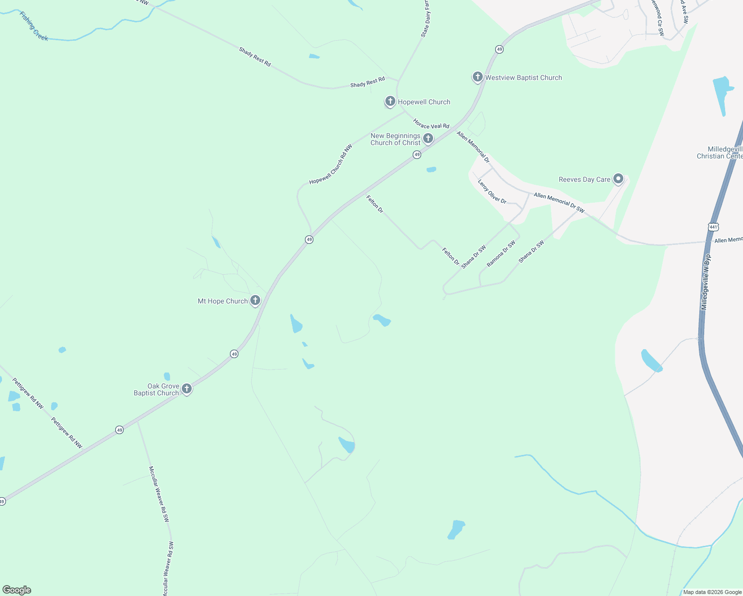 map of restaurants, bars, coffee shops, grocery stores, and more near 145 Forest Hill Road Southwest in Milledgeville