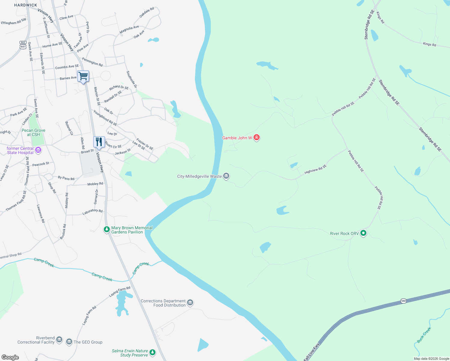 map of restaurants, bars, coffee shops, grocery stores, and more near 199 Highview Road Southeast in Milledgeville