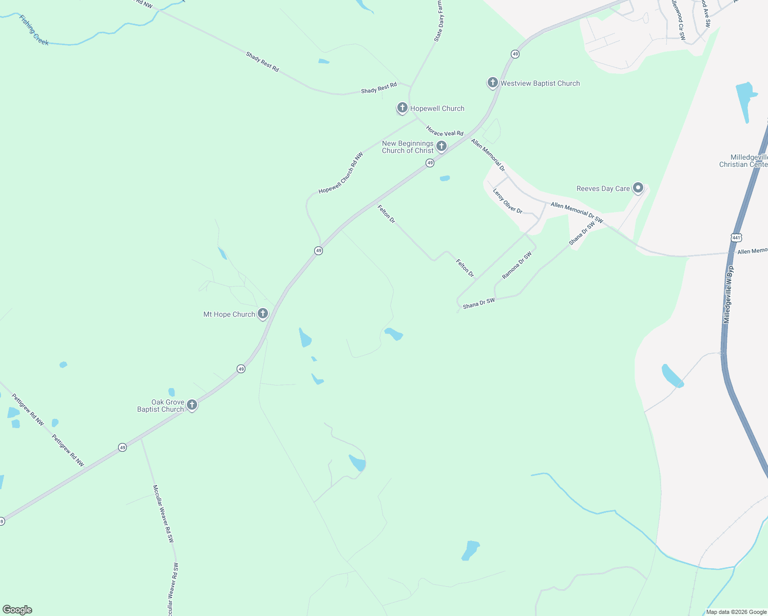 map of restaurants, bars, coffee shops, grocery stores, and more near 145 Forest Hill Road Southwest in Milledgeville