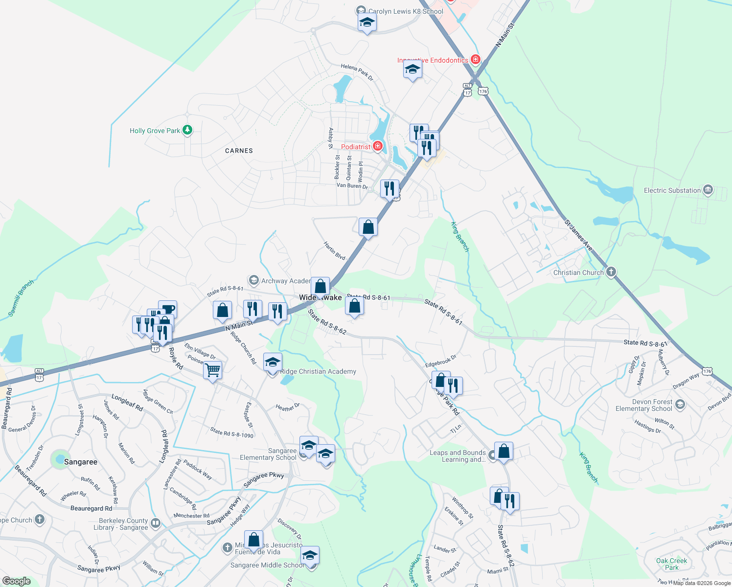 map of restaurants, bars, coffee shops, grocery stores, and more near 592 Myers Road in Summerville