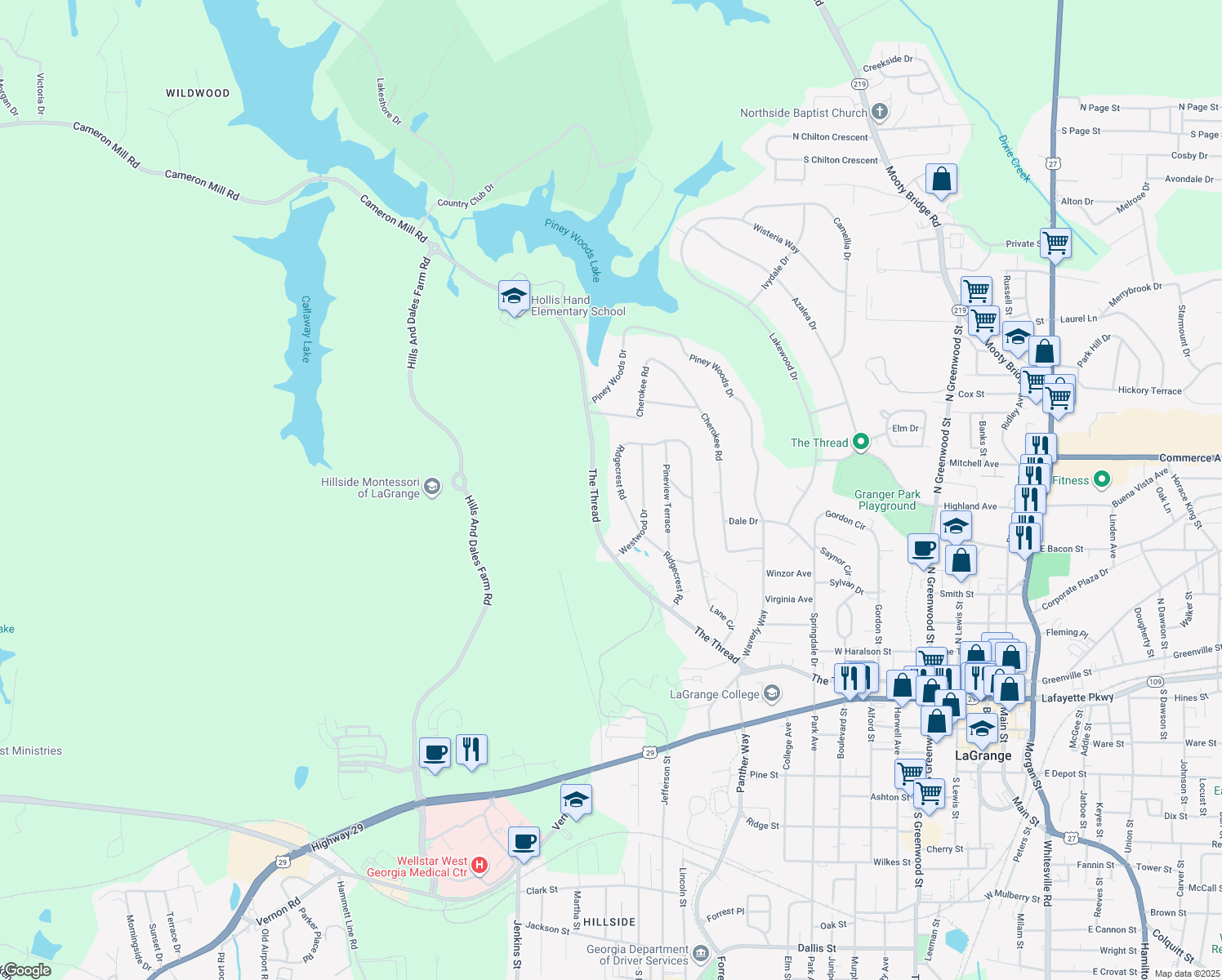 map of restaurants, bars, coffee shops, grocery stores, and more near 724 Ridgecrest Road in LaGrange