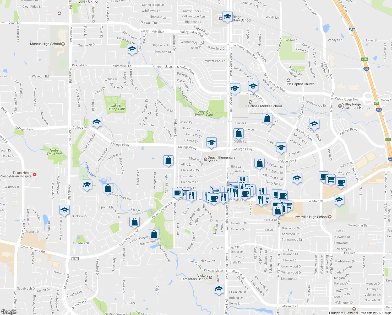 map of restaurants, bars, coffee shops, grocery stores, and more near 585 Julia Court in Lewisville