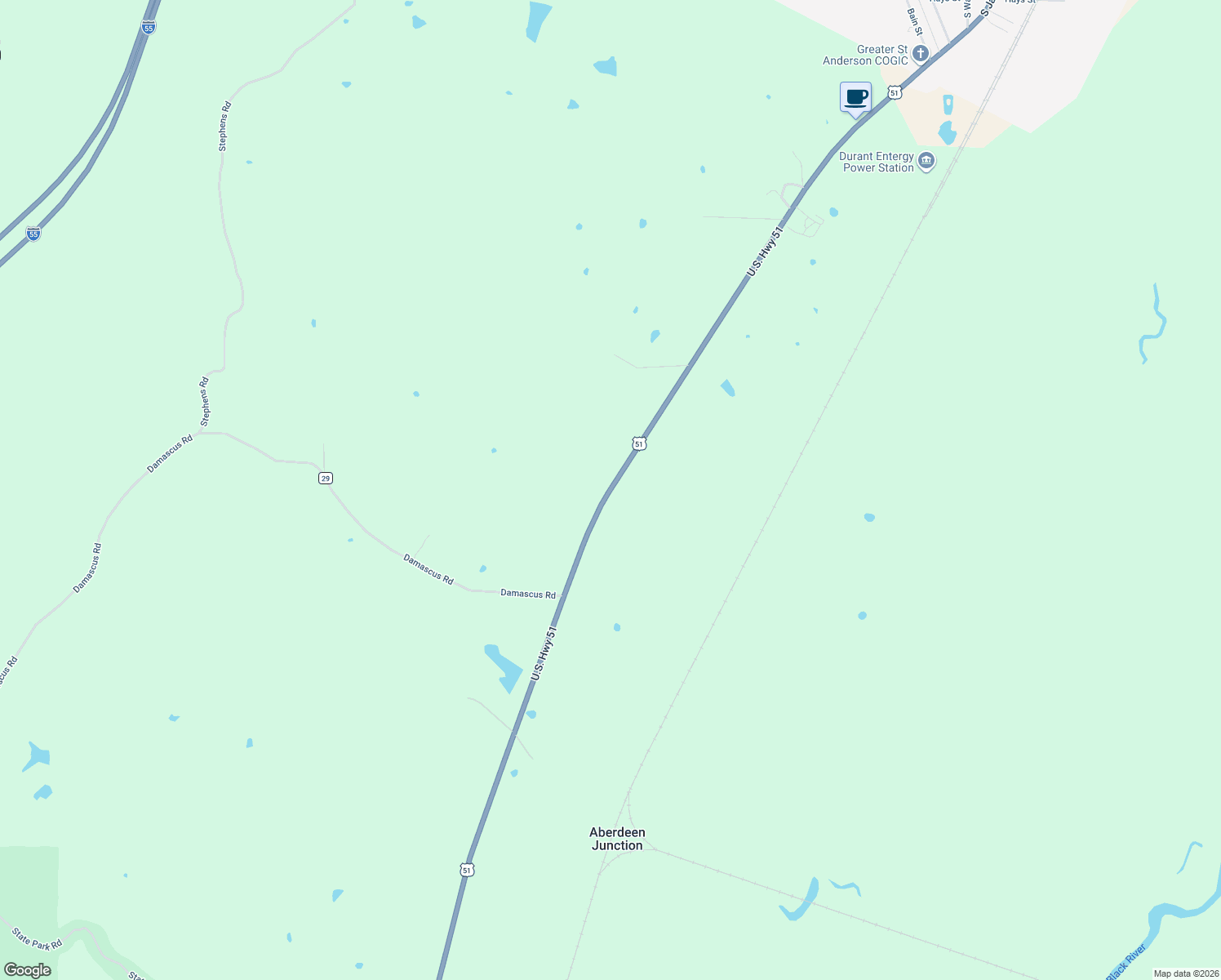 map of restaurants, bars, coffee shops, grocery stores, and more near U.S. 51 in Durant