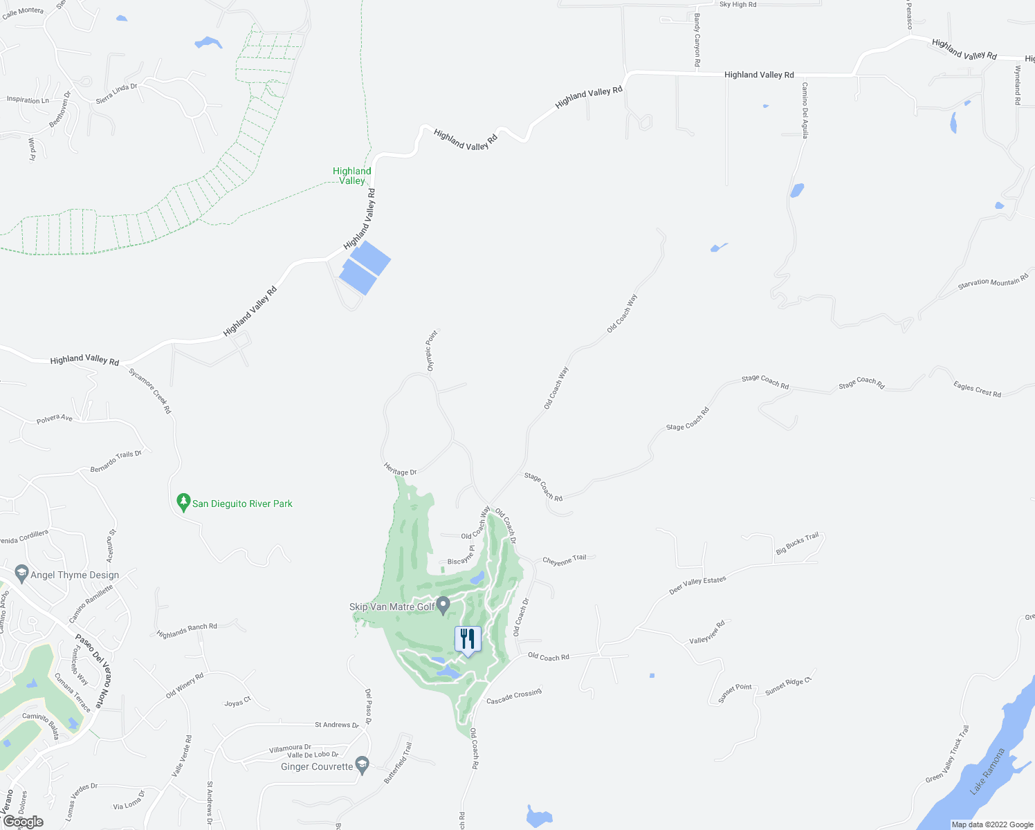 map of restaurants, bars, coffee shops, grocery stores, and more near 18720 Old Coach Way in Poway