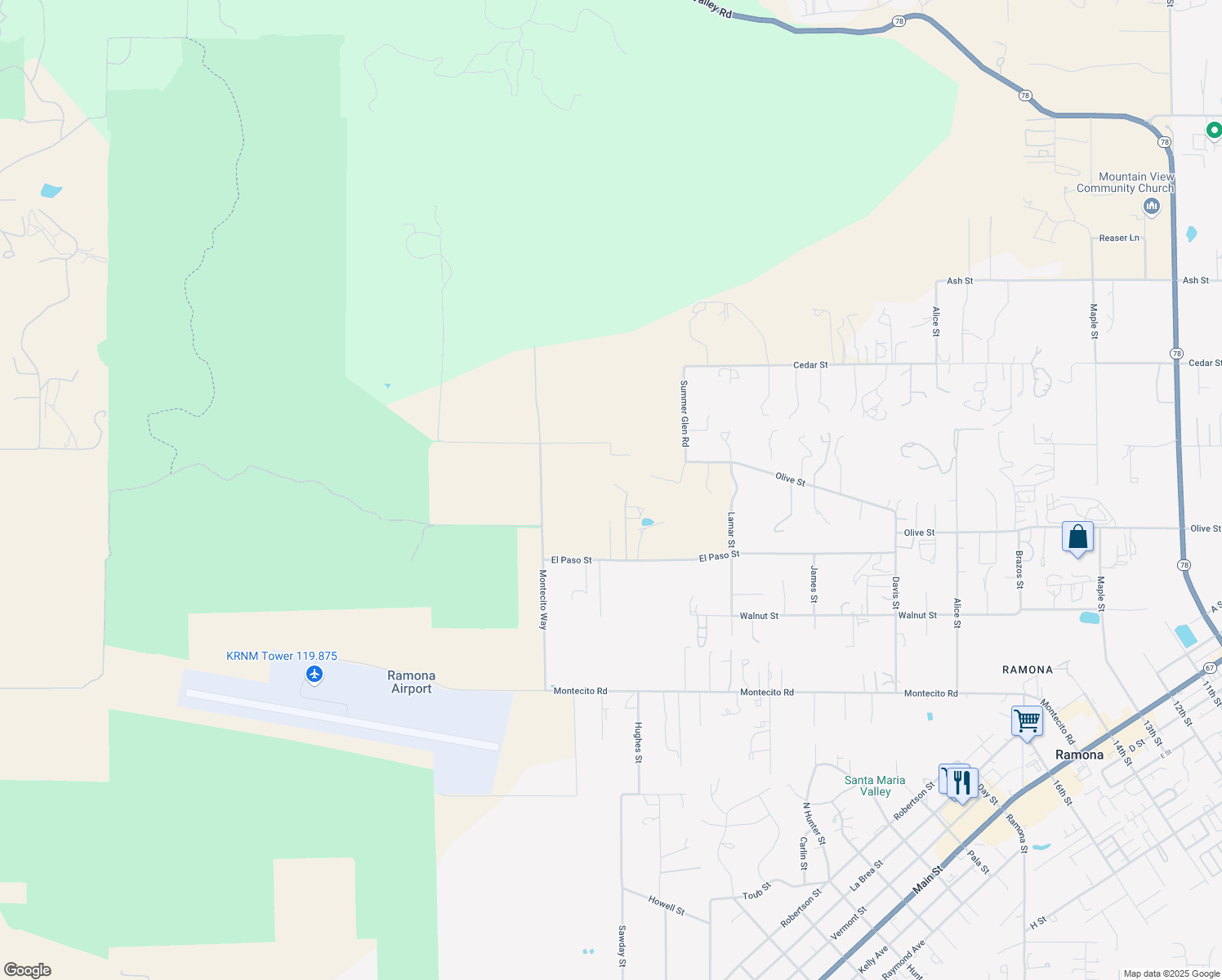 map of restaurants, bars, coffee shops, grocery stores, and more near 988 Laky Lane in Ramona