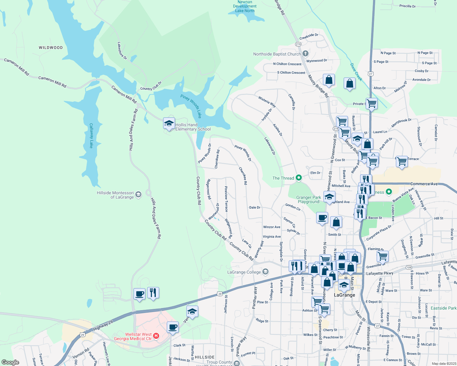 map of restaurants, bars, coffee shops, grocery stores, and more near 518 Pineview Terrace in LaGrange