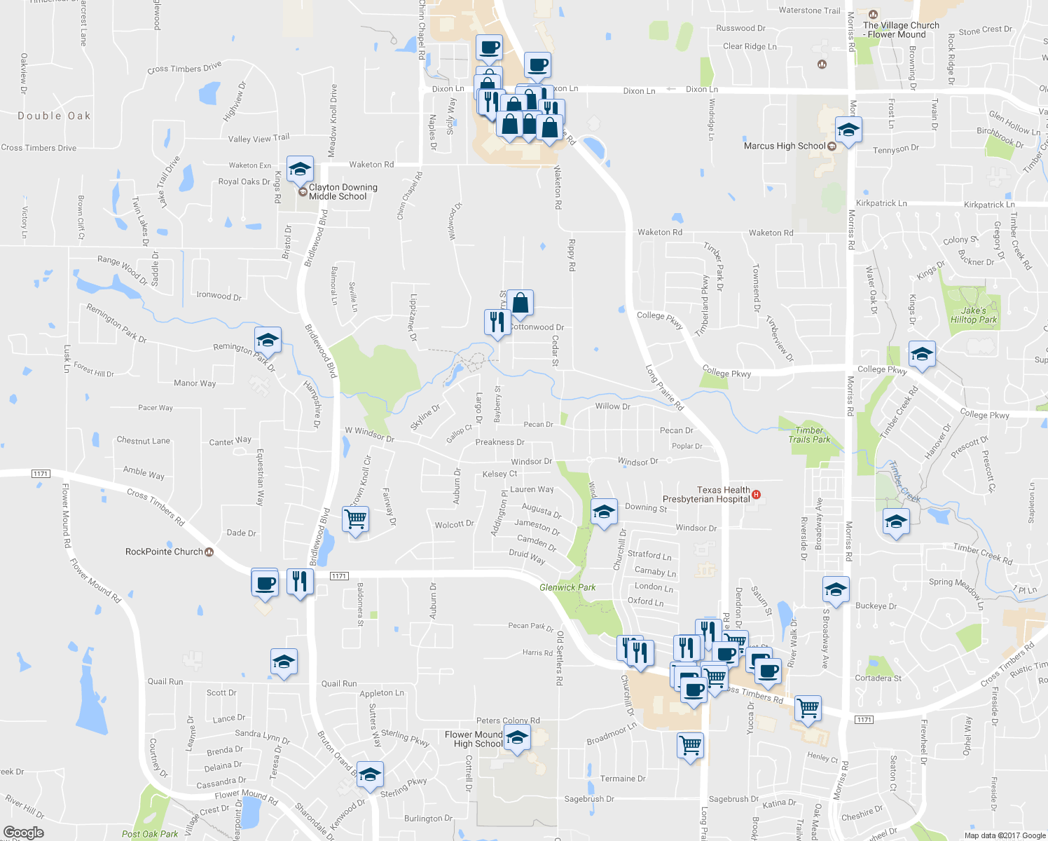 map of restaurants, bars, coffee shops, grocery stores, and more near 4709 Plum Street in Flower Mound
