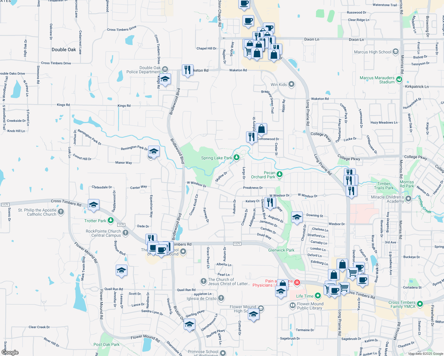 map of restaurants, bars, coffee shops, grocery stores, and more near 4628 Skyline Dr in Flower Mound