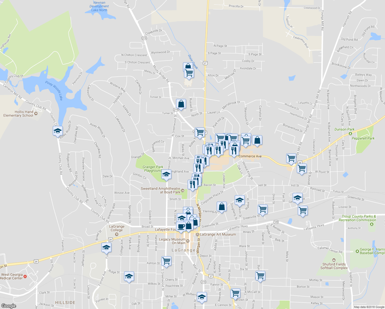 map of restaurants, bars, coffee shops, grocery stores, and more near 712 Ridley Avenue in LaGrange