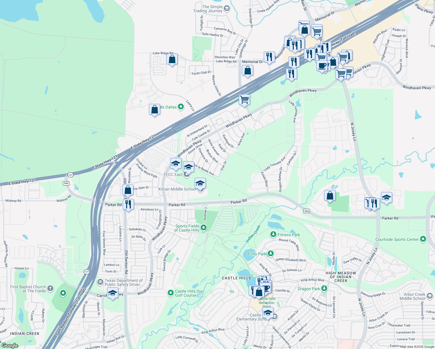 map of restaurants, bars, coffee shops, grocery stores, and more near 2505 Erec Drive in Lewisville