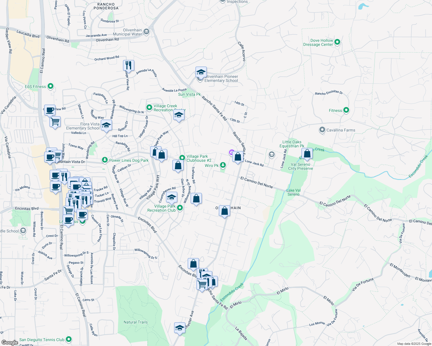 map of restaurants, bars, coffee shops, grocery stores, and more near 625 Lomas De Oro Court in Encinitas