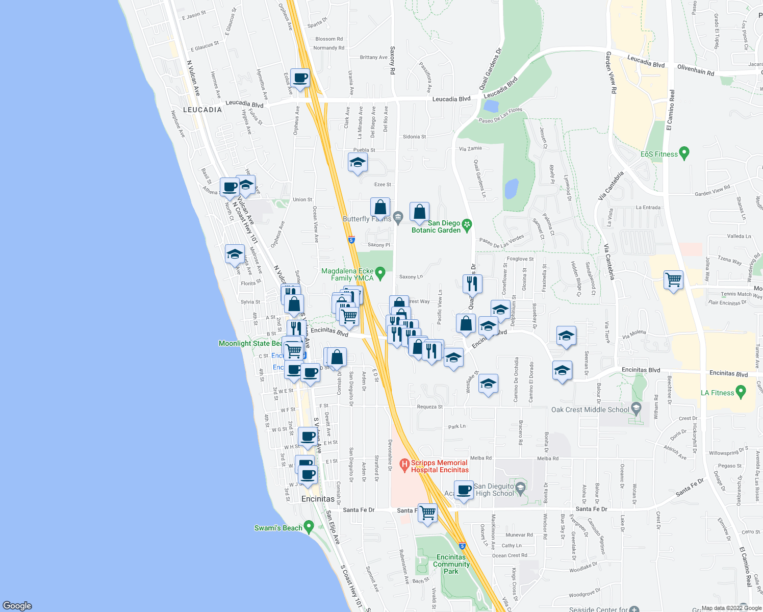 map of restaurants, bars, coffee shops, grocery stores, and more near Seacrest Way in Encinitas
