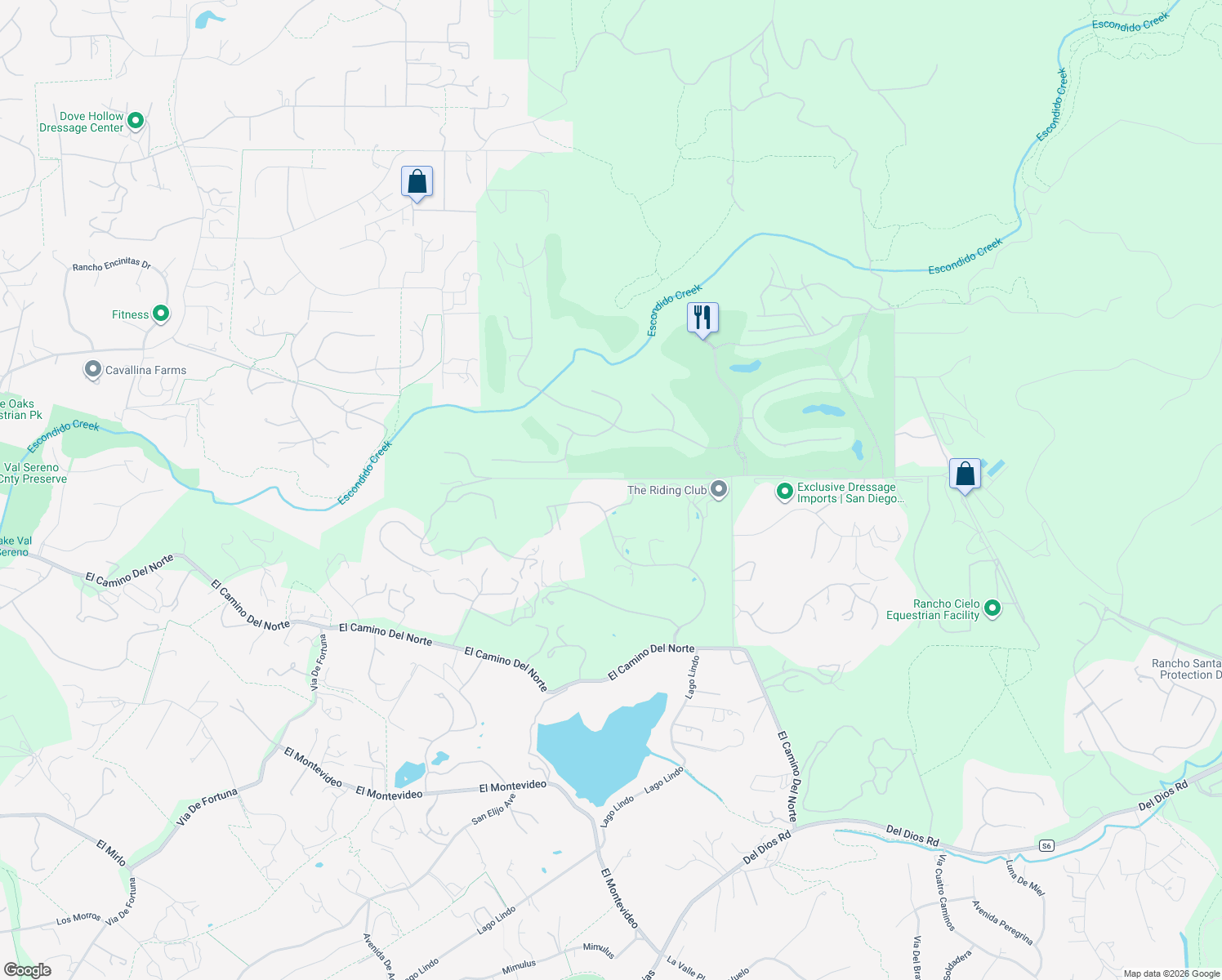 map of restaurants, bars, coffee shops, grocery stores, and more near 6565 Calle Reina in Rancho Santa Fe