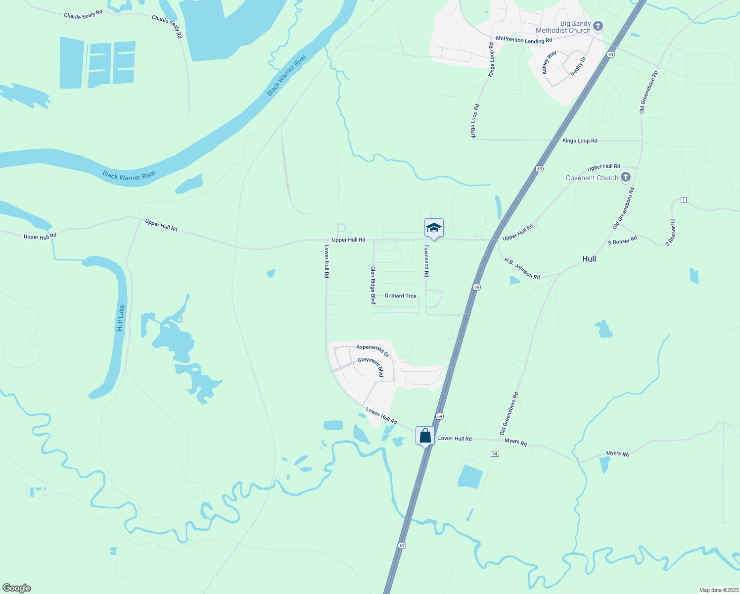 map of restaurants, bars, coffee shops, grocery stores, and more near 11901 Glen Ridge Blvd in Moundville