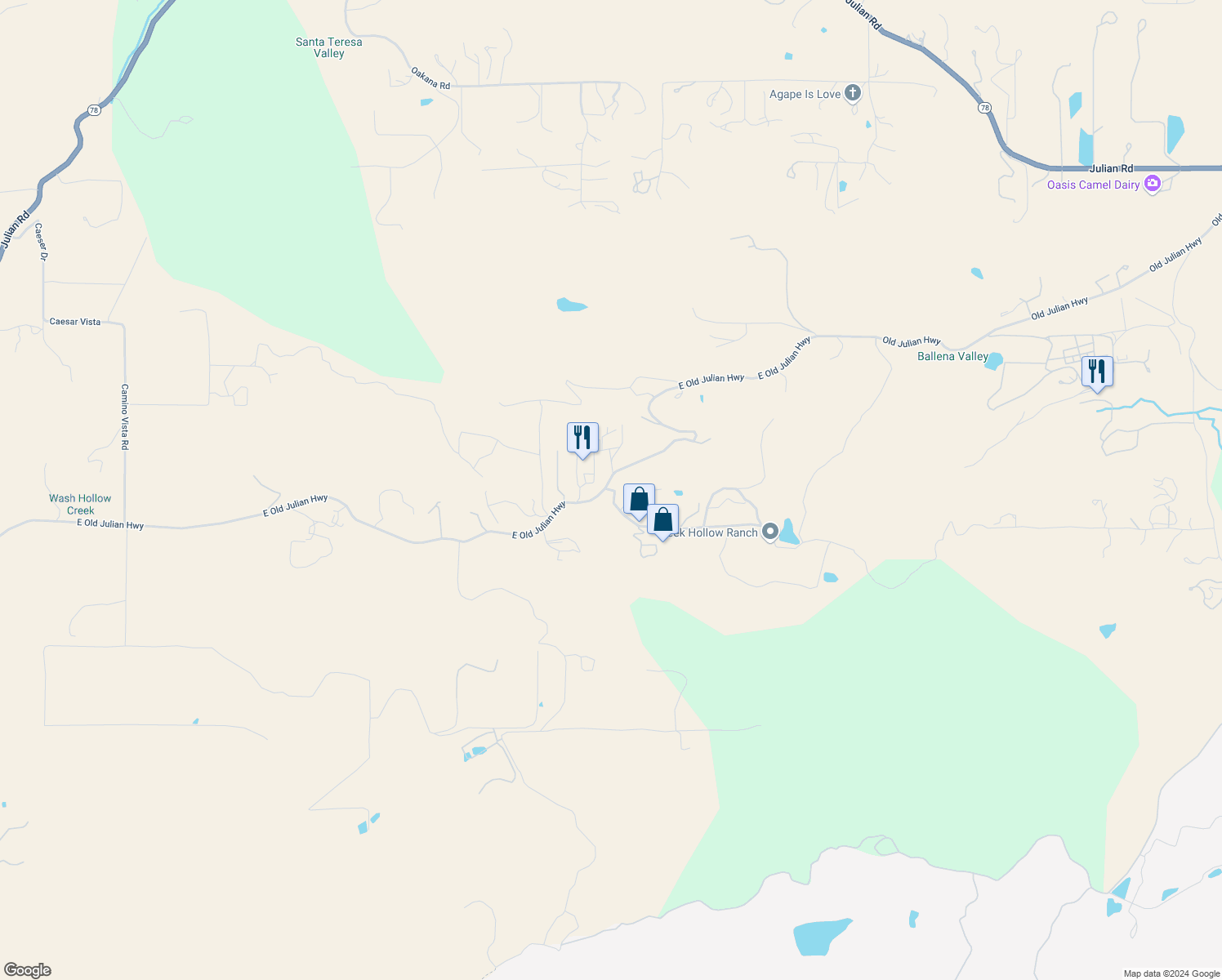 map of restaurants, bars, coffee shops, grocery stores, and more near 25102 Creek Hollow Drive in Ramona