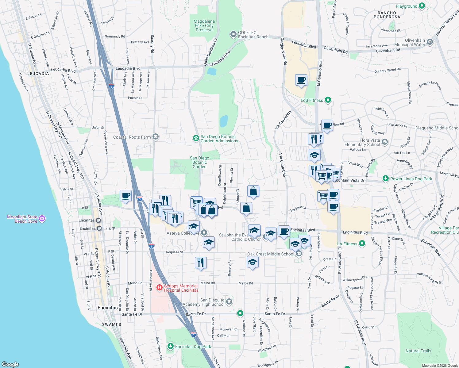 map of restaurants, bars, coffee shops, grocery stores, and more near 214 Gloxina Street in Encinitas