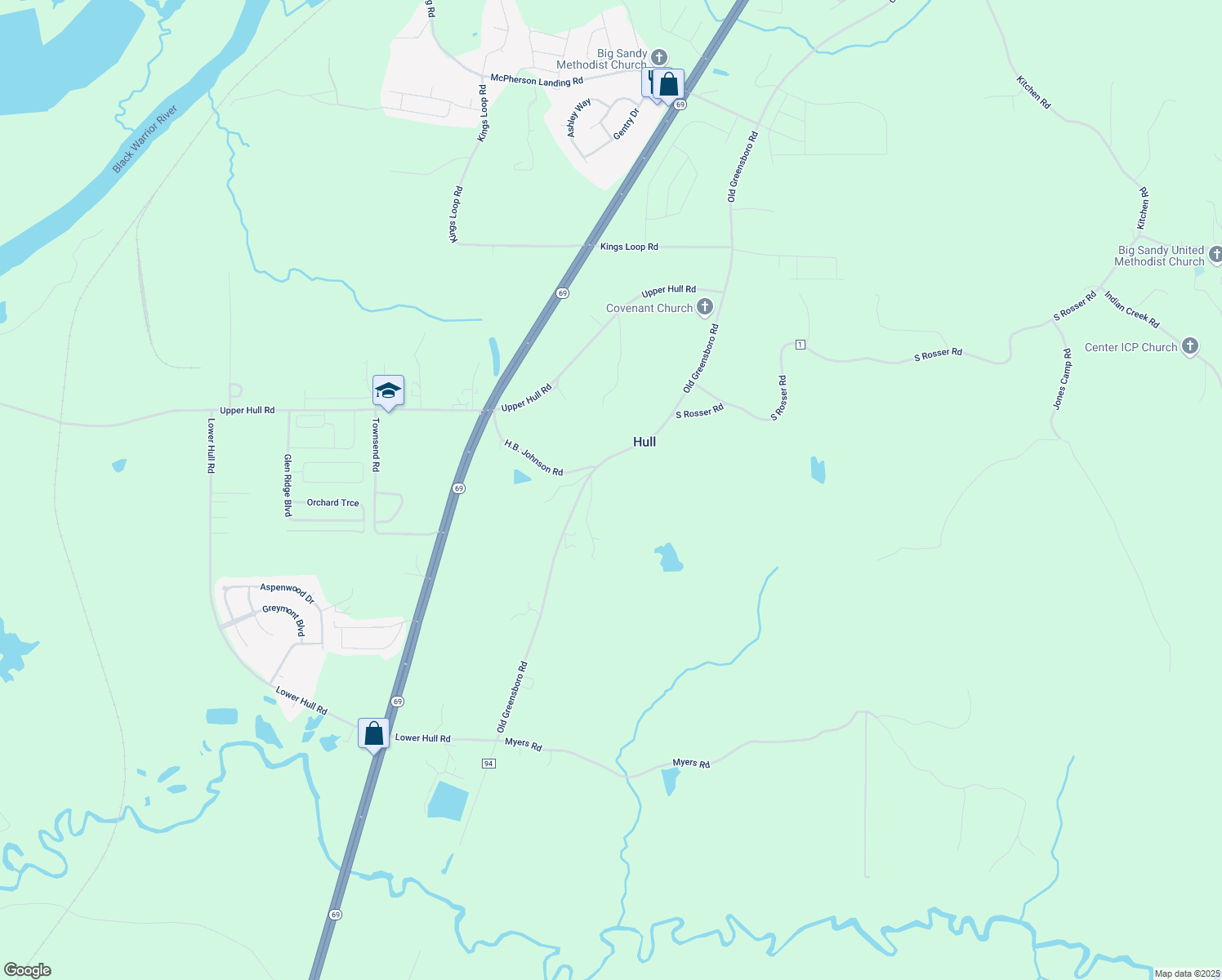 map of restaurants, bars, coffee shops, grocery stores, and more near 14850 Old Greensboro Road in Moundville