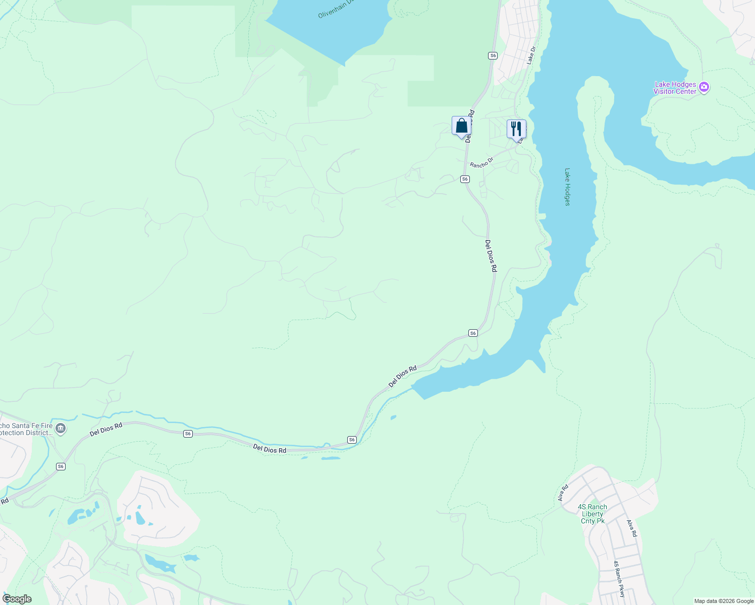 map of restaurants, bars, coffee shops, grocery stores, and more near 18148 Avenida Orilla in Rancho Santa Fe