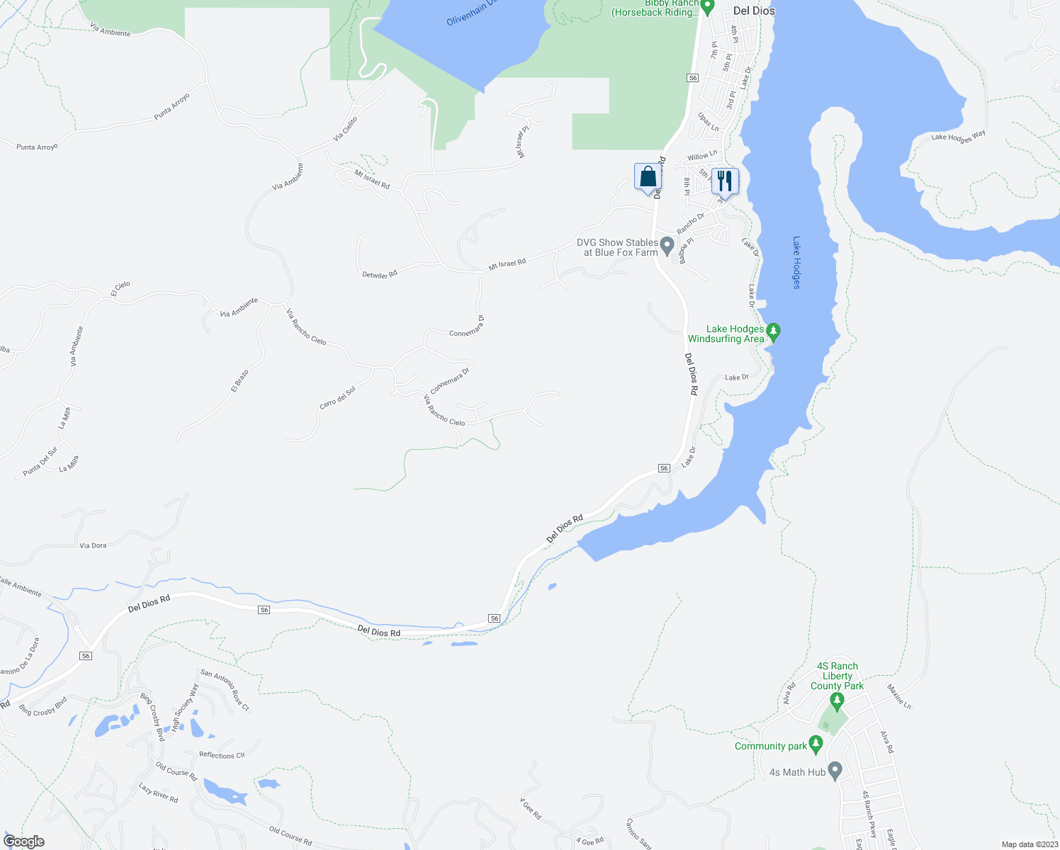 map of restaurants, bars, coffee shops, grocery stores, and more near 18148 Avenida Orilla in Rancho Santa Fe