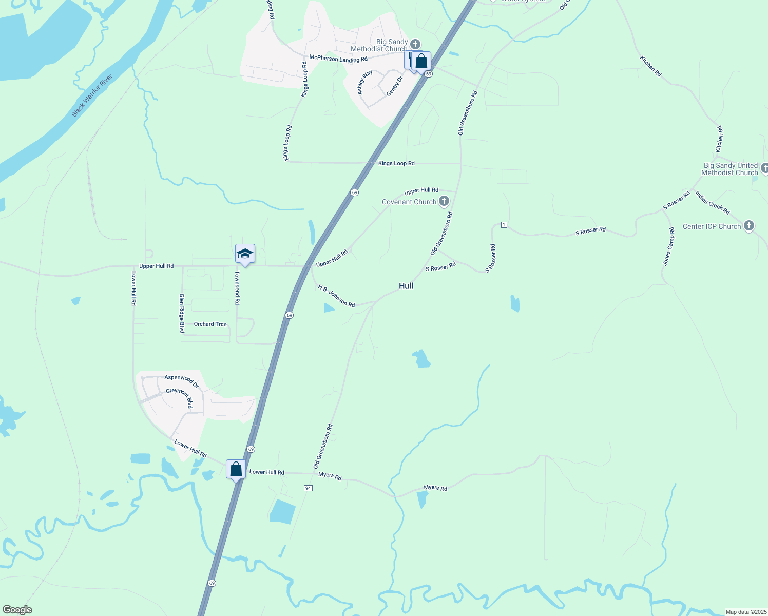 map of restaurants, bars, coffee shops, grocery stores, and more near 14850 Old Greensboro Road in Moundville