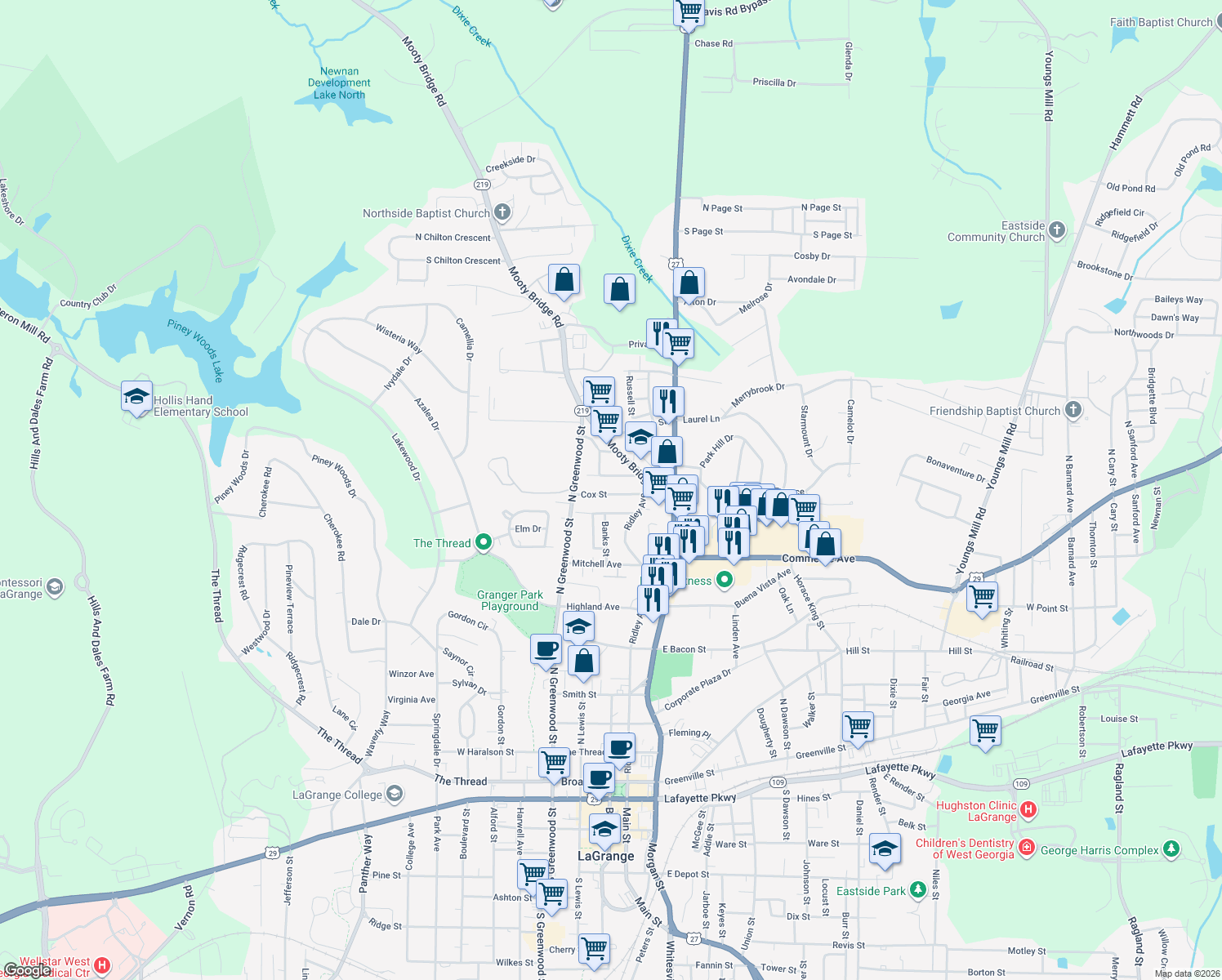 map of restaurants, bars, coffee shops, grocery stores, and more near 112 Cox Street in LaGrange