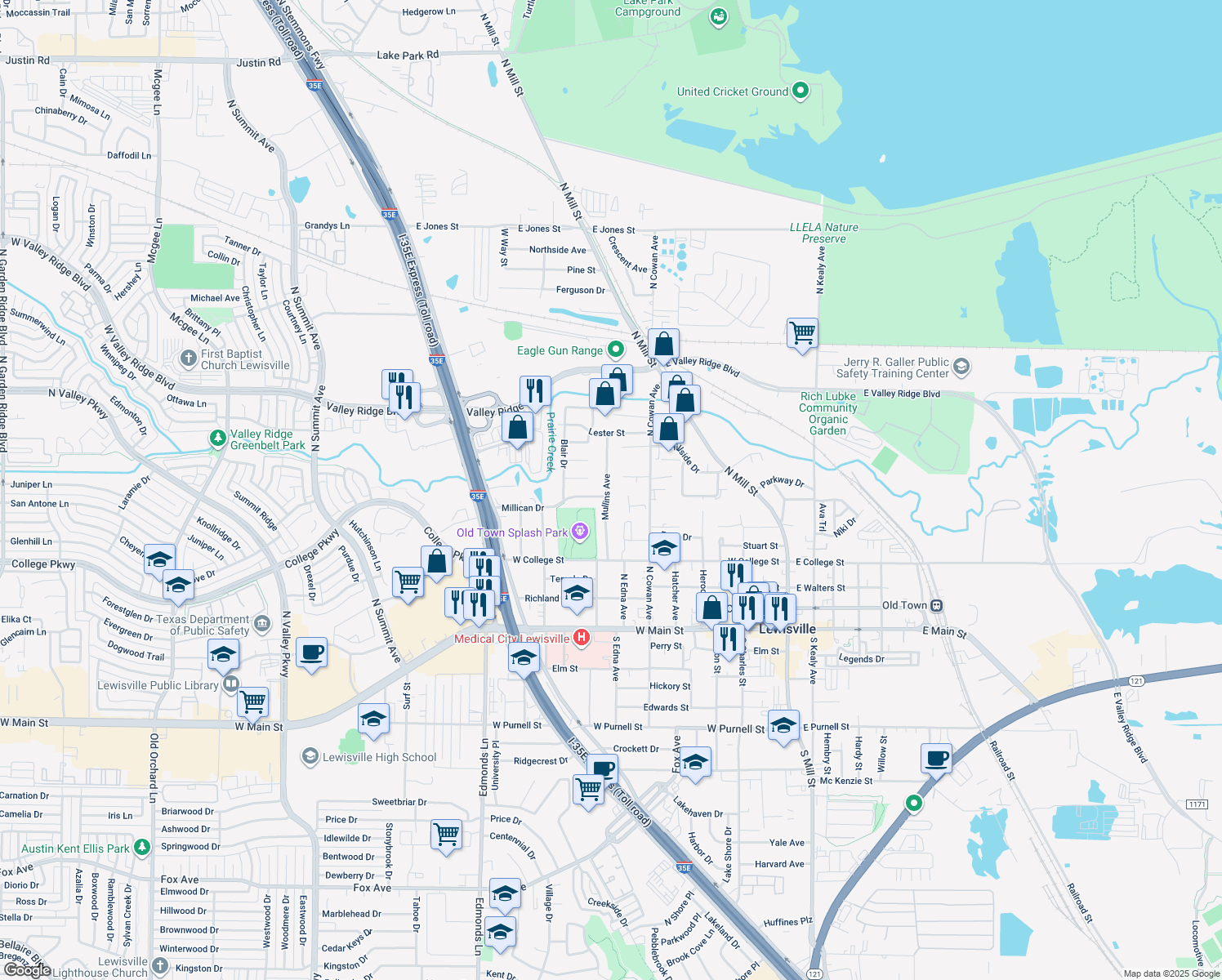 map of restaurants, bars, coffee shops, grocery stores, and more near 620 Mullins Avenue in Lewisville