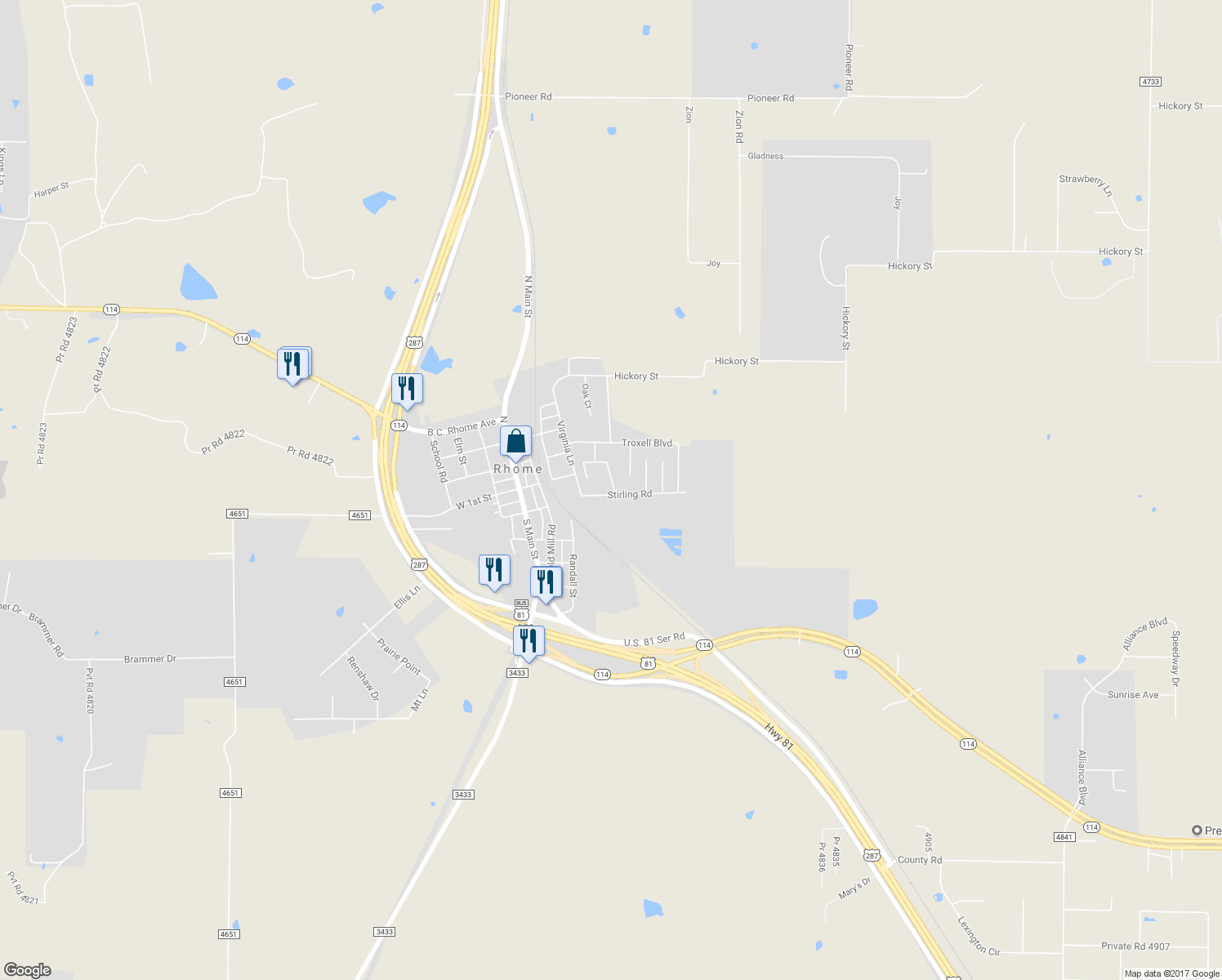 map of restaurants, bars, coffee shops, grocery stores, and more near 425 Stirling Road in Rhome
