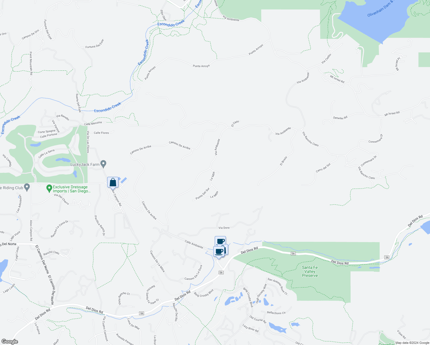 map of restaurants, bars, coffee shops, grocery stores, and more near 8042 La Milla in Rancho Santa Fe