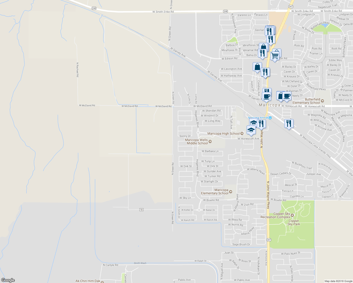 map of restaurants, bars, coffee shops, grocery stores, and more near 19008 Smith Drive in Maricopa