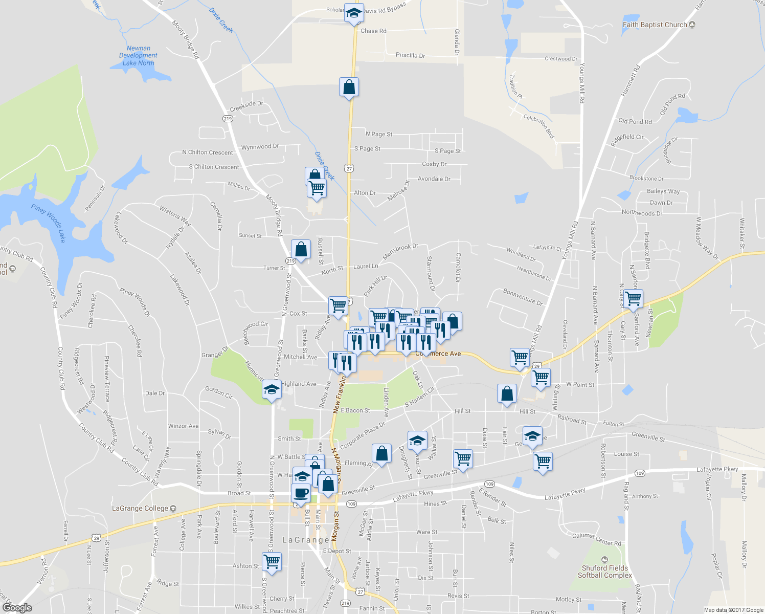 map of restaurants, bars, coffee shops, grocery stores, and more near 225 Hickory Terrace in LaGrange