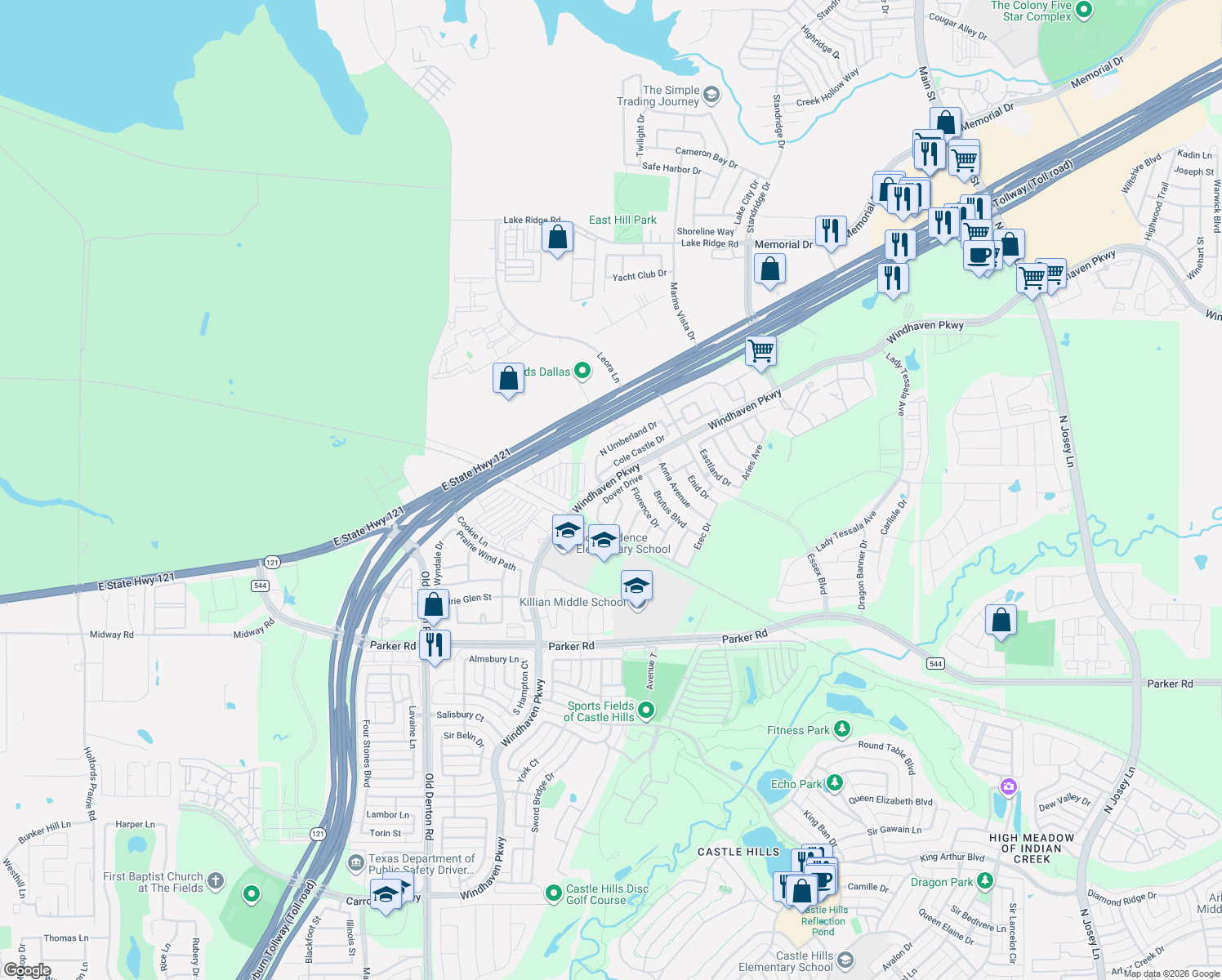 map of restaurants, bars, coffee shops, grocery stores, and more near 2541 Dover Dr in Lewisville