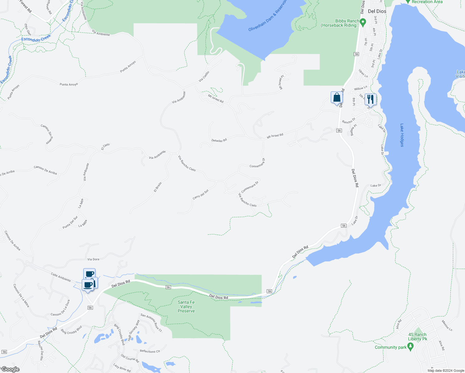 map of restaurants, bars, coffee shops, grocery stores, and more near 18240 Avenida Manantial in Escondido