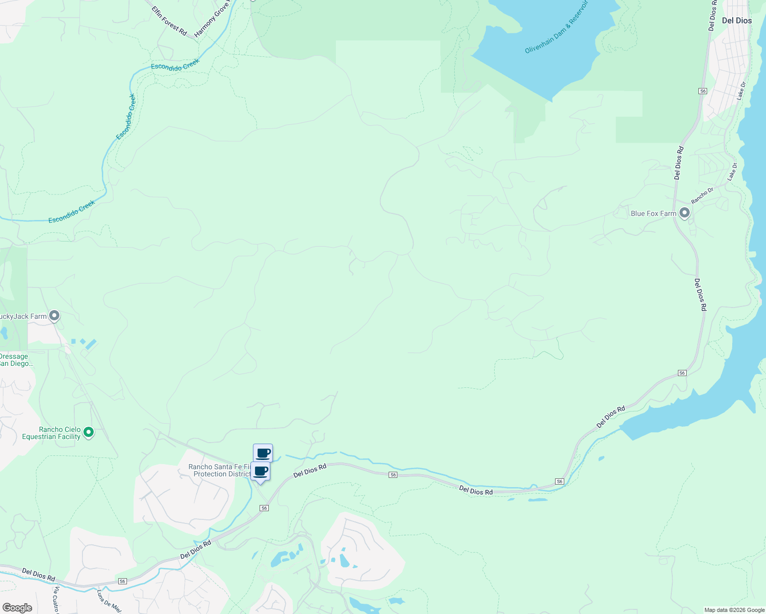 map of restaurants, bars, coffee shops, grocery stores, and more near 18121 El Brazo in Rancho Santa Fe