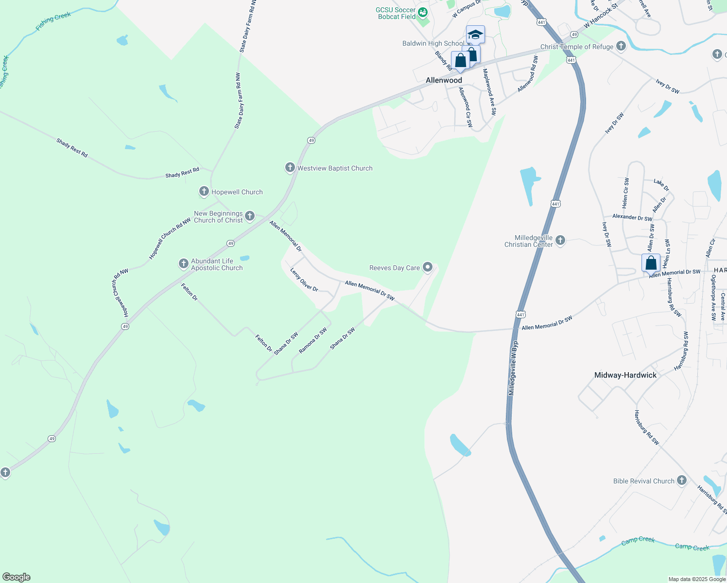 map of restaurants, bars, coffee shops, grocery stores, and more near 165 Allen Memorial Drive Southwest in Milledgeville