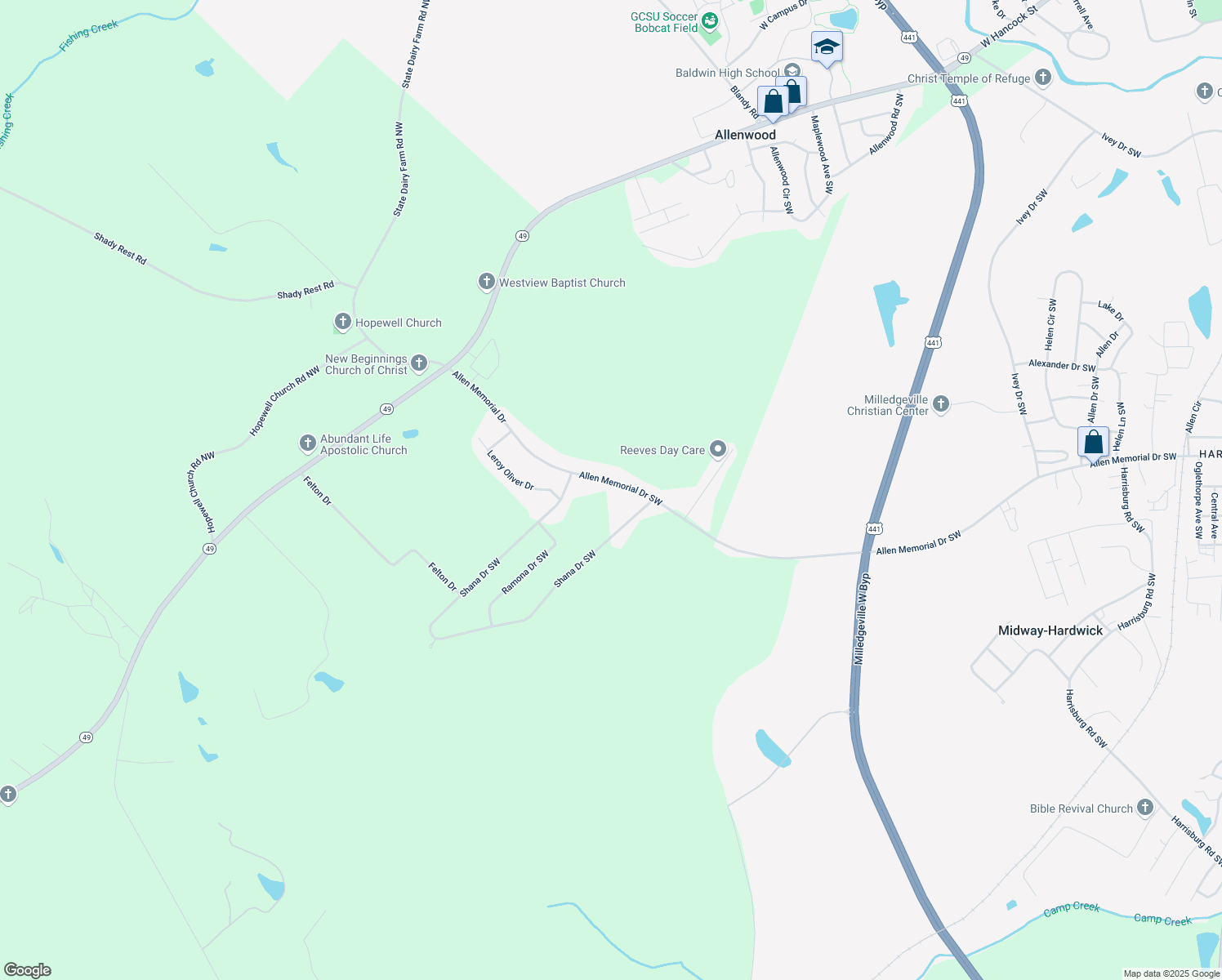 map of restaurants, bars, coffee shops, grocery stores, and more near 165 Allen Memorial Drive Southwest in Milledgeville