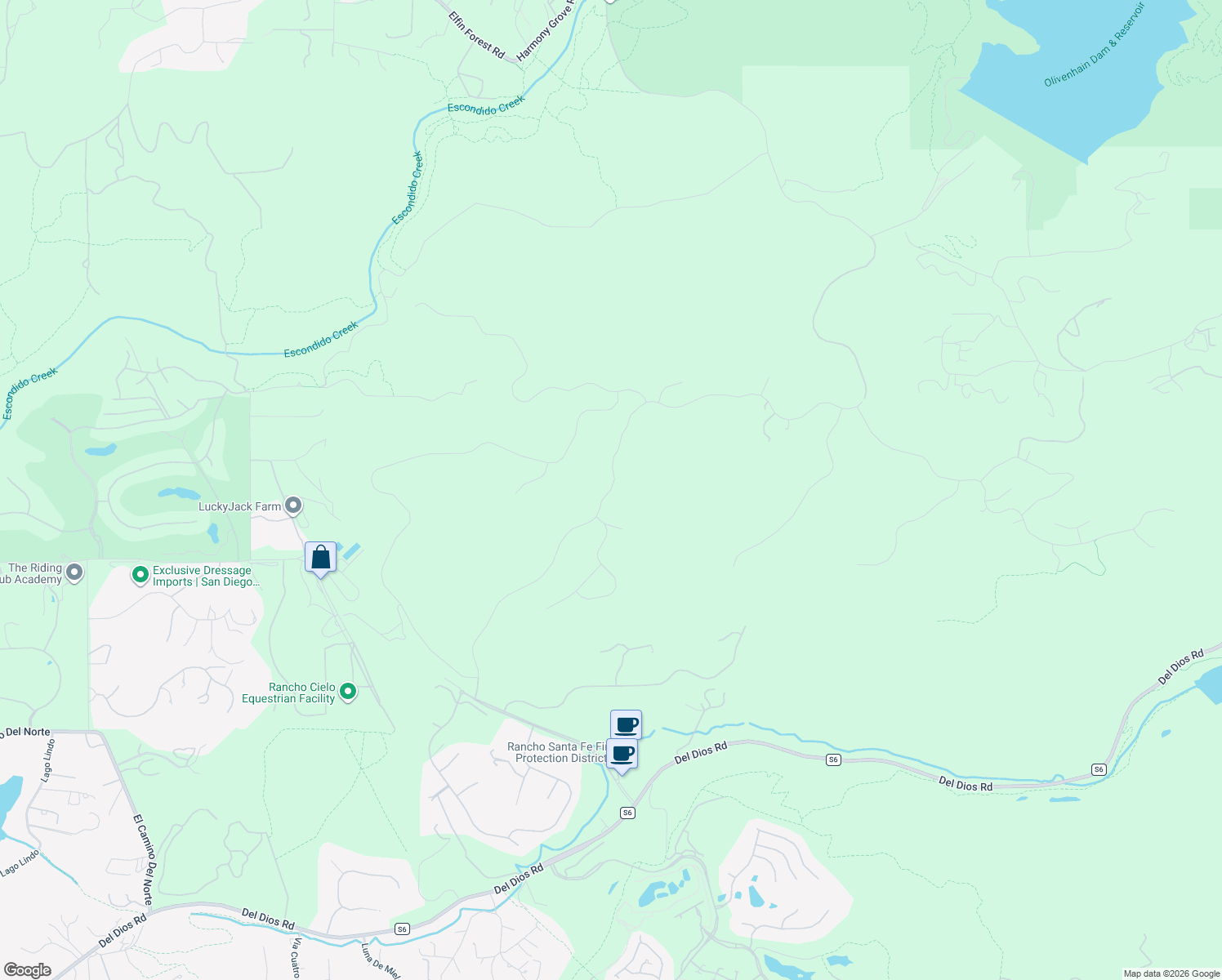 map of restaurants, bars, coffee shops, grocery stores, and more near Via Ambiente in Rancho Santa Fe