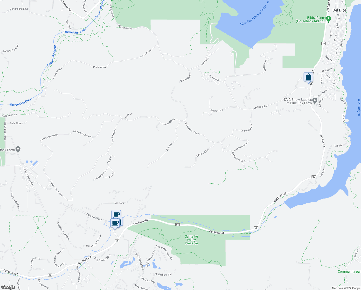map of restaurants, bars, coffee shops, grocery stores, and more near 18179 El Brazo in Rancho Santa Fe