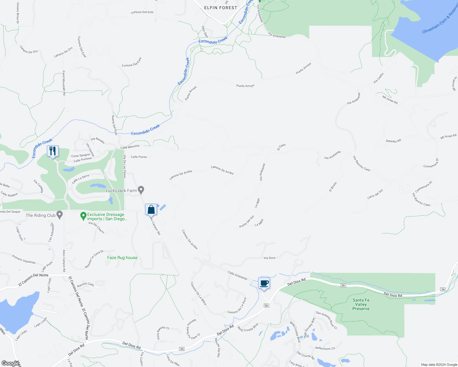 map of restaurants, bars, coffee shops, grocery stores, and more near 18043 Punta Del Norte in Rancho Santa Fe