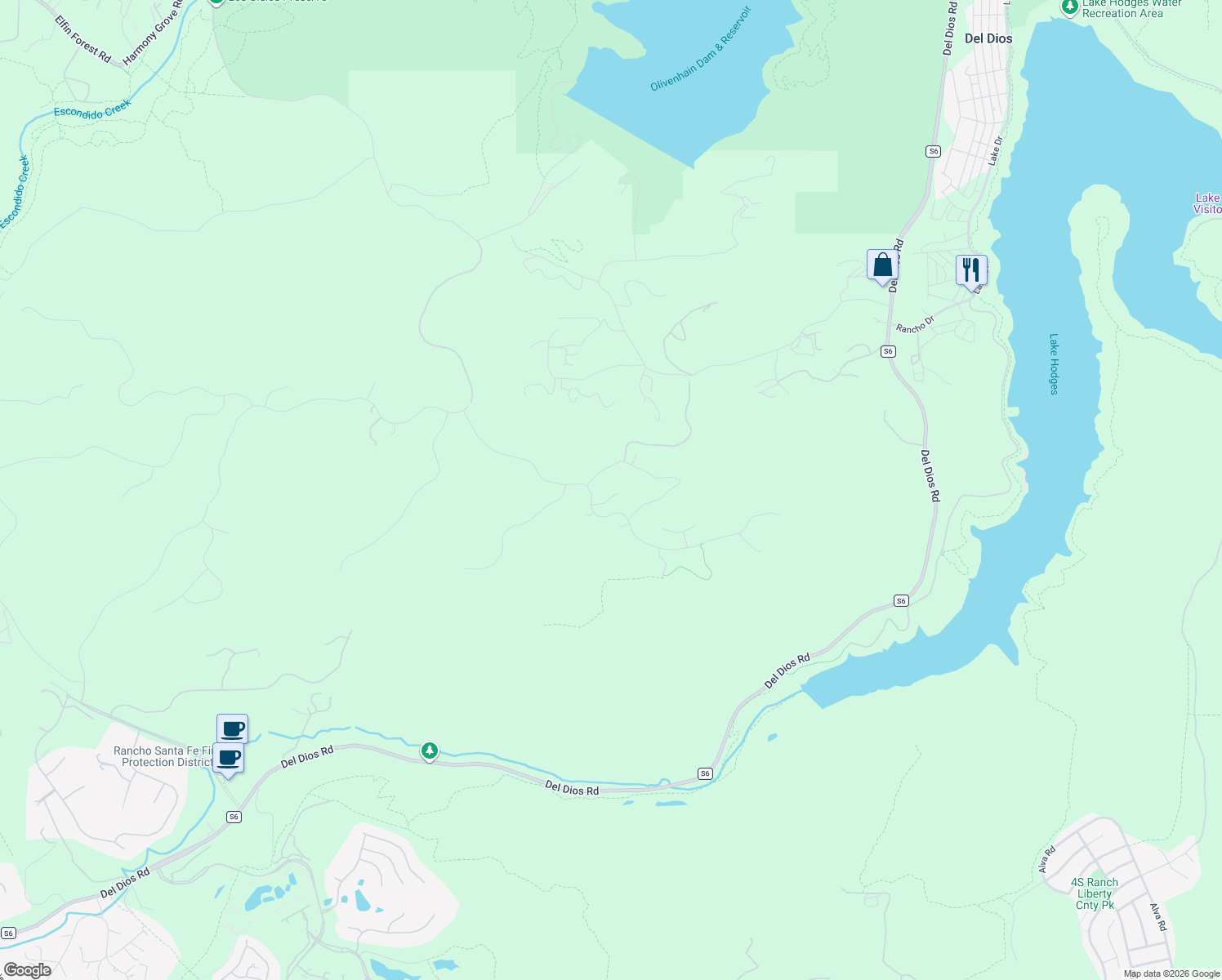 map of restaurants, bars, coffee shops, grocery stores, and more near 18240 Avenida Manantial in Rancho Santa Fe