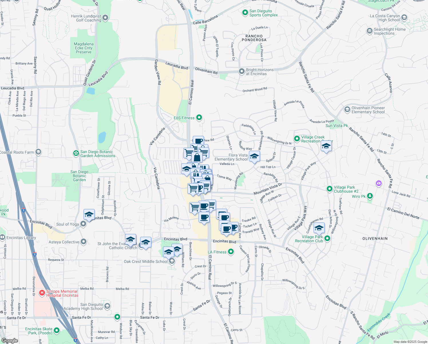 map of restaurants, bars, coffee shops, grocery stores, and more near 451 Jolina Way in Encinitas