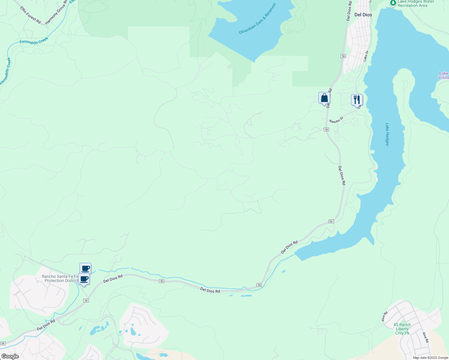 map of restaurants, bars, coffee shops, grocery stores, and more near 18264 Avenida Manantial in Rancho Santa Fe