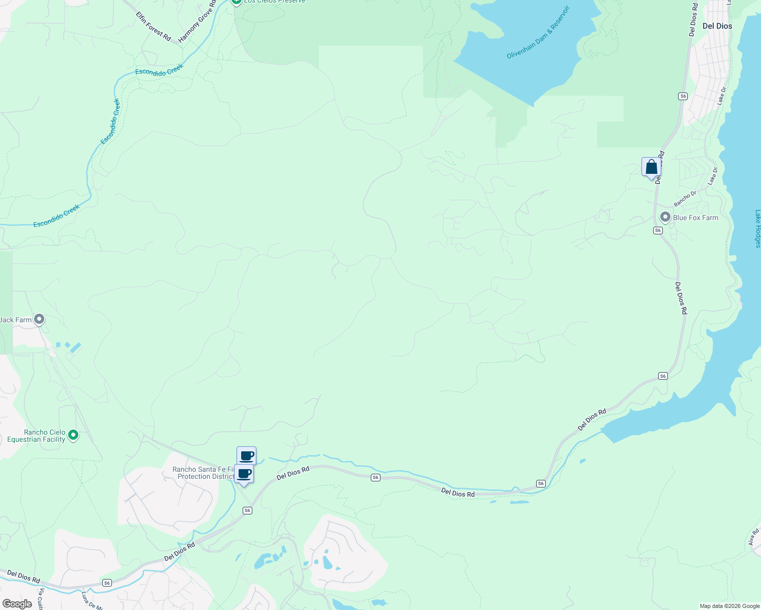 map of restaurants, bars, coffee shops, grocery stores, and more near 18179 El Brazo in Rancho Santa Fe