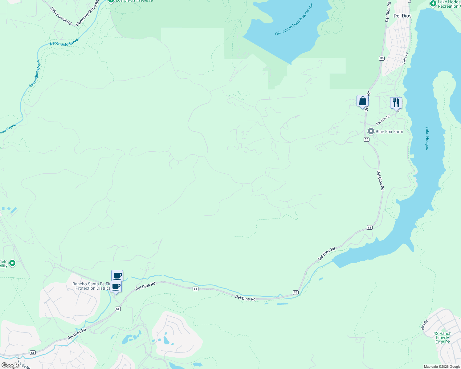 map of restaurants, bars, coffee shops, grocery stores, and more near 8457 Via Rancho Cielo in Rancho Santa Fe
