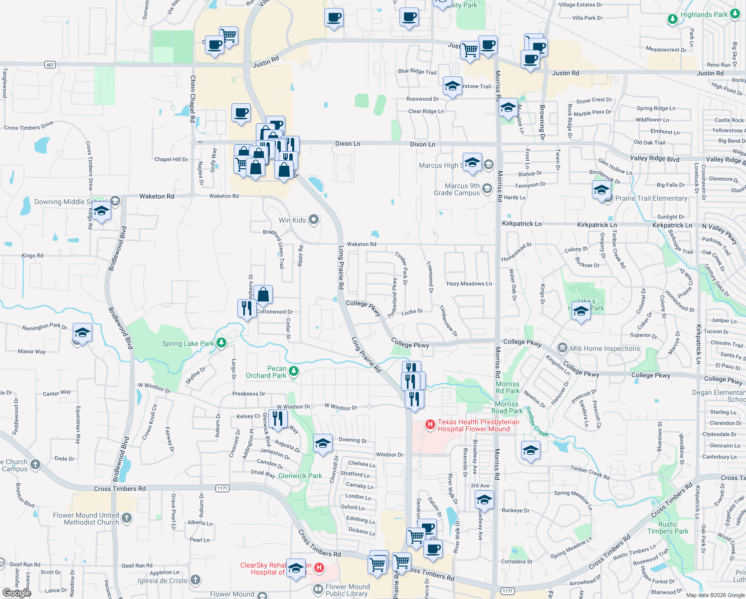 map of restaurants, bars, coffee shops, grocery stores, and more near 2701 Timberhaven Dr in Flower Mound