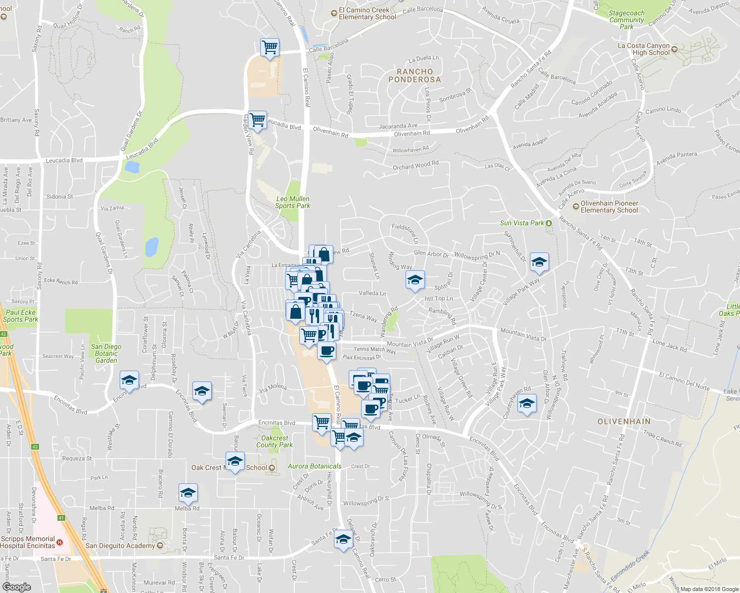 map of restaurants, bars, coffee shops, grocery stores, and more near 1519 Valleda Lane in Encinitas