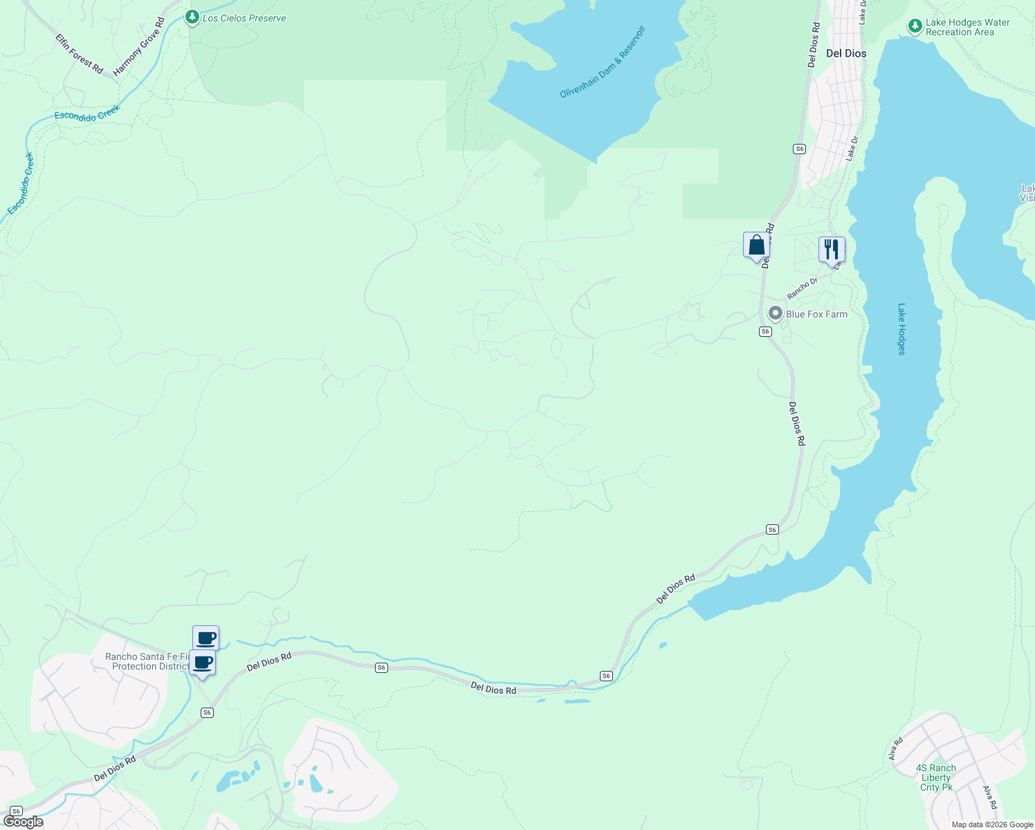 map of restaurants, bars, coffee shops, grocery stores, and more near 18238 Avenida Apice in Rancho Santa Fe