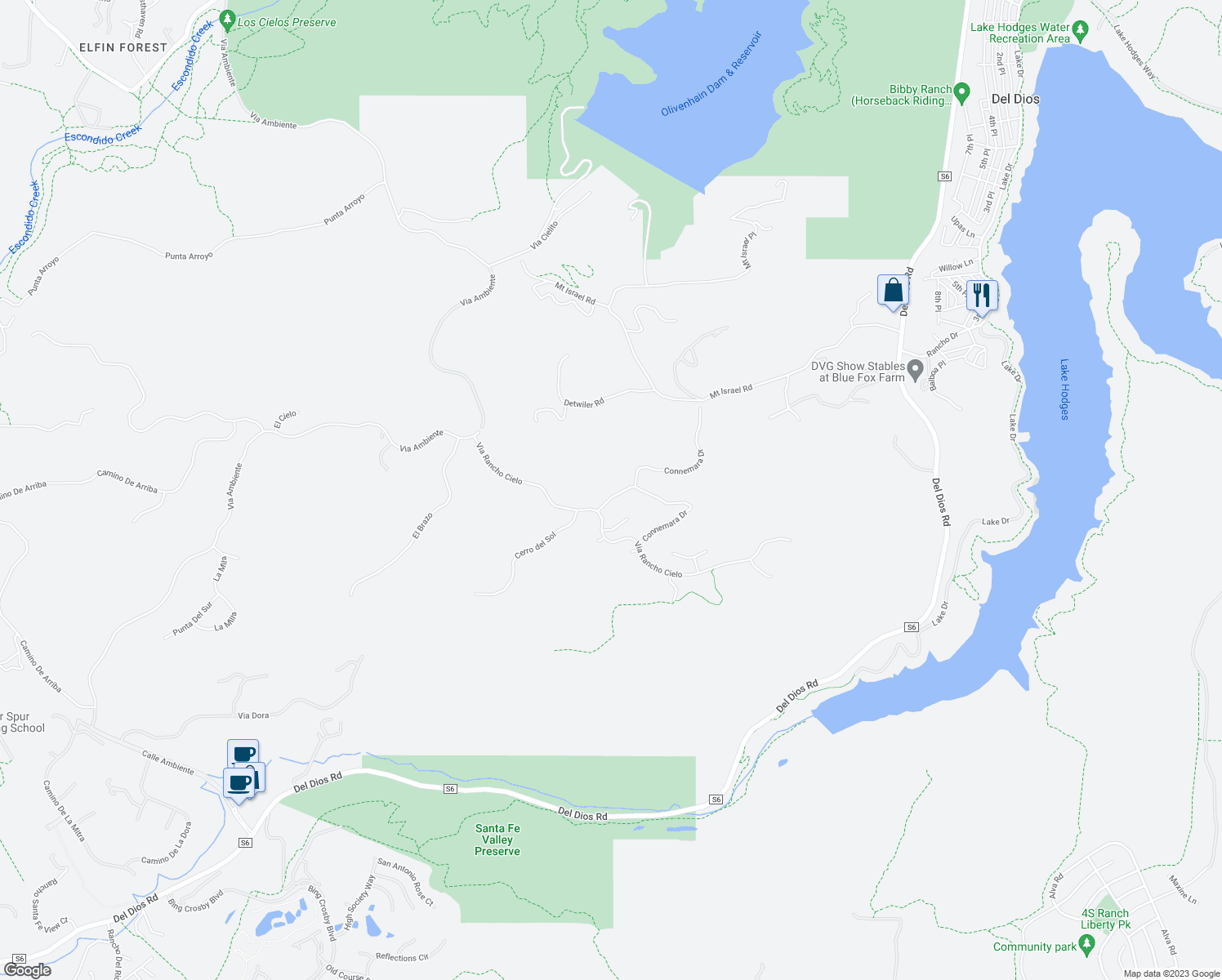 map of restaurants, bars, coffee shops, grocery stores, and more near 18238 Avenida Apice in Rancho Santa Fe